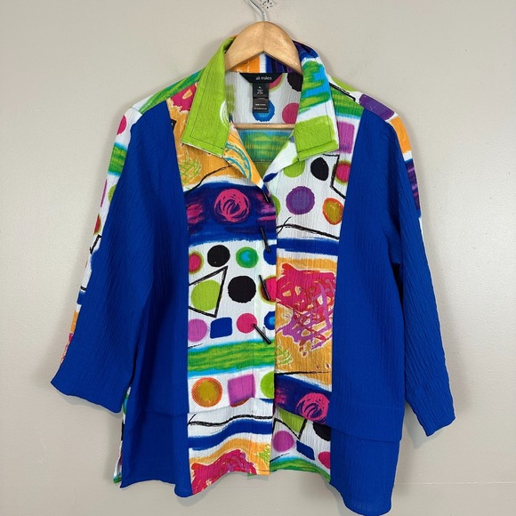 Ali Miles Tunic Top Womens PL Art  Stretch Watercolor 3/4 Sleeve Button Up - Picture 2 of 10